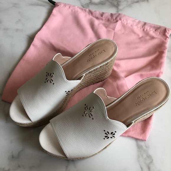 Kate Spade Tia Tenley Espadrille Wedge Sandal White Leather Laser Cut - Picture 2 of 8